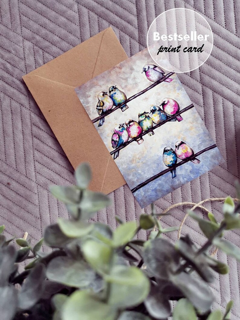 Watercolor Bird Card: Colorful Hand-Painted Art Card with Kraft Envelope image 7