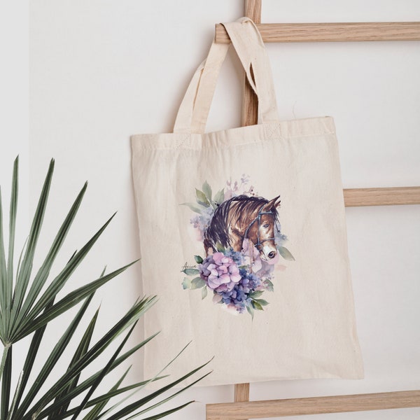 Stoffbeutel braunes Pferd und Blumen Beutel Tier Jutebeutel Blumen Motiv Tasche mit langen Henkeln für Mama / Oma, Geschenk für Mama