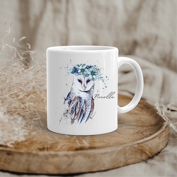 Tasse mit Schneeeule, Becher mit Namen, Tasse personalisiert, Keramik Tasse, beidseitig bedruckt, Geschenk für Mama