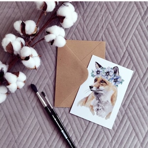 Grußkarte Aquarellfuchs, Fuchs mit Blumenkranz, Postkarte Grußkarte, Kartenaquarell, Postkarte mit Umschlag, Zeichenkarte Autors