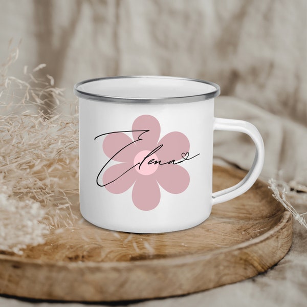 Metallbecher Blumen und Namen, Emaille-Becher mit Namen, Tasse mit Namen, Emaille-Tasse, Becher mit Blumen, Kaffeebecher, Geschenk für Mama