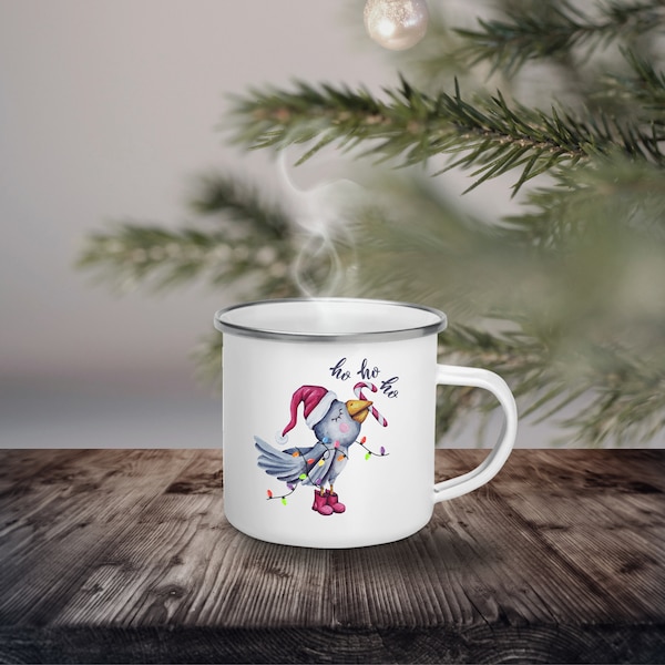 Emaille Becher für Weihnachten, Metallbecher, Camping Tasse, Kaffeetasse mit Vogel, Weihnachtshirsch Kaffeebecher, Weihnachtsgeschenk