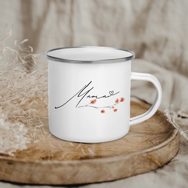 Metallbecher Mama Blumen, Emaille-Becher mit Namen, besonderes Geschenk für Mama, Emaille-Tasse, Kaffeebecher, Geschenk für Mama