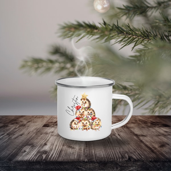 Emaille Becher für Weihnachten, Metallbecher, Kaffeetasse, Weihnachtsbaum aus Igeln, Kaffeebecher, kleines Weihnachtsgeschenk