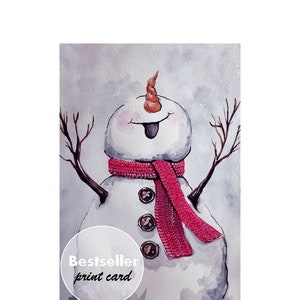 May include: A watercolor painting of a snowman with a red scarf and a carrot nose. The snowman is smiling and has a tongue sticking out. The background is a light gray color.