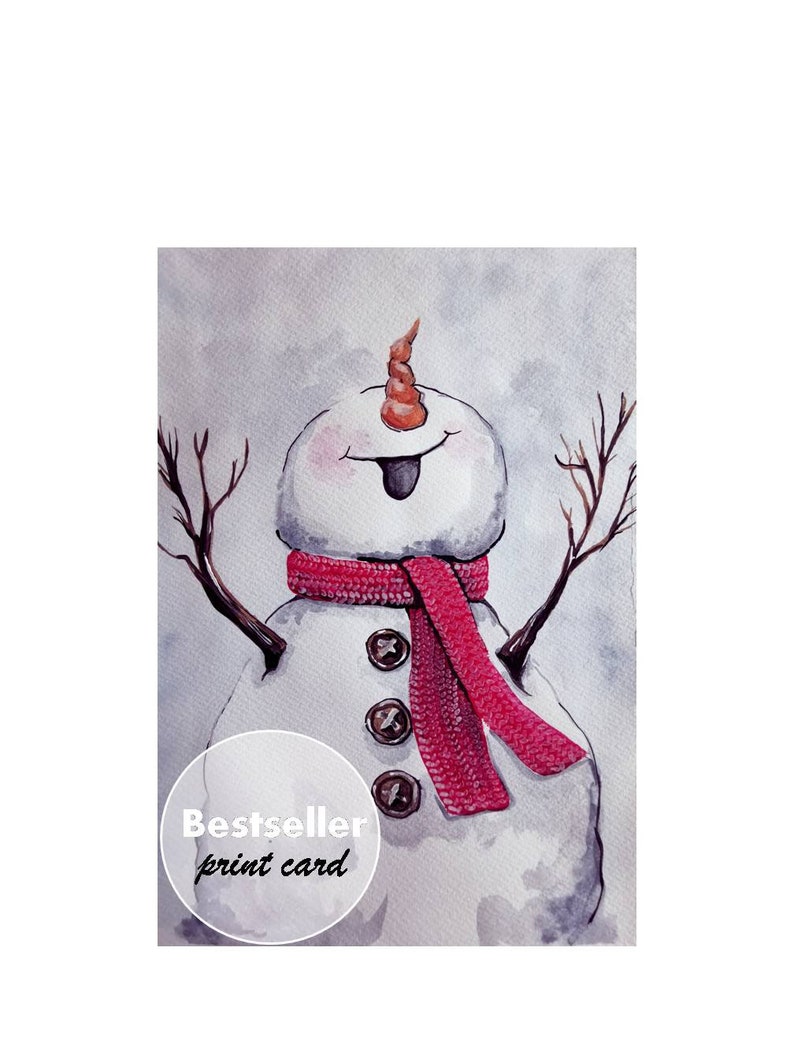 May include: A watercolor painting of a snowman with a red scarf and a carrot nose. The snowman is smiling and has a tongue sticking out. The background is a light gray color.