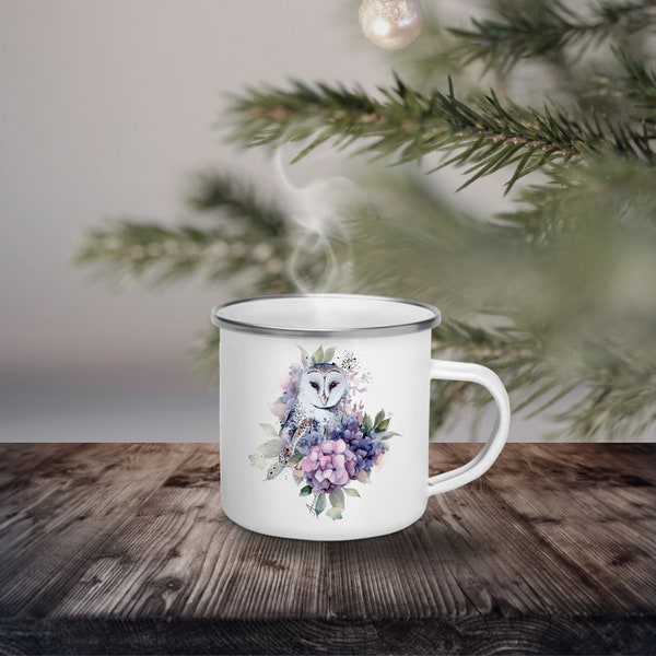 Emaille Becher Eule, Metallbecher, Tee Becher, Glühwein Tasse, Kaffeetasse, unzerbrechliches Glas, Kaffeebecher, kleines Geschenk