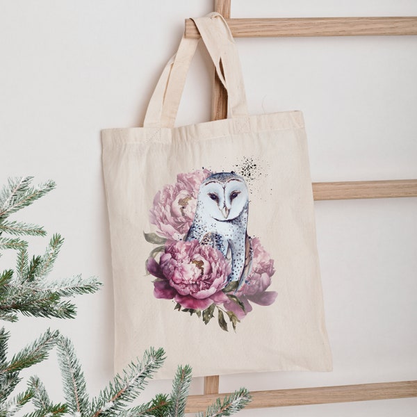 Jutebeutel Schneeeule,  Stoffbeutel Eule und Blumen, bedruckte Jutetasche, Geschenk für Freundin, Einkaufstasche, Geschenk für Mama