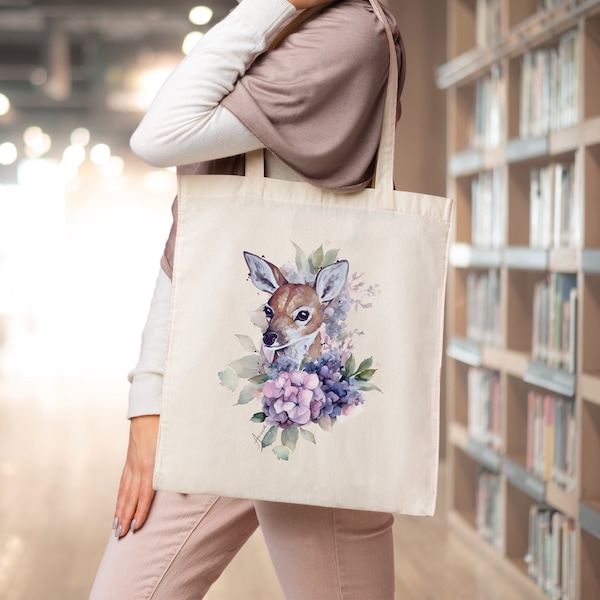 Stoffbeutel Reh Tier Jutebeutel Floral Tote bag Blumen Motiv Hirsche Tasche mit langen Henkeln, Geschenk für Mama, Geschenk für Sie