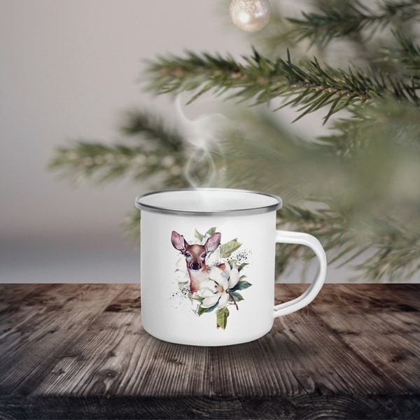 Emaille Becher, Metallbecher, Kaffeetasse, Kaffeebecher, Hirsche und Blumen, Camping Tasse, kleines Geschenk, Geschenk für Mama