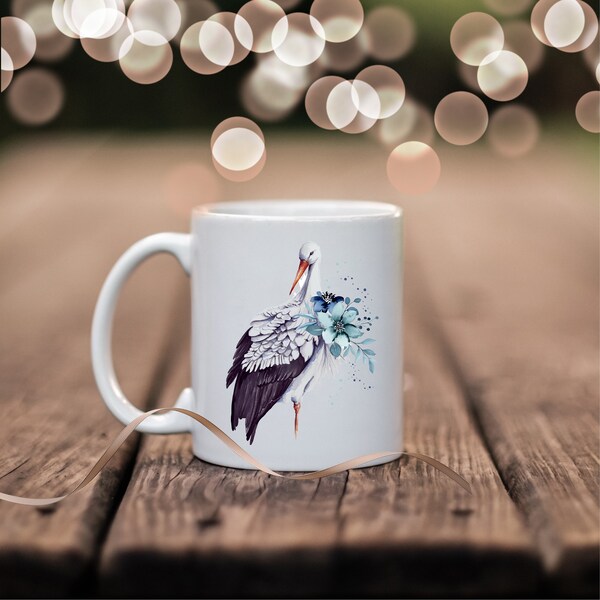 Tasse mit Storch, Becher mit Namen, Tasse personalisiert, Keramik Tasse, beidseitig bedruckt, Geschenk für Mama