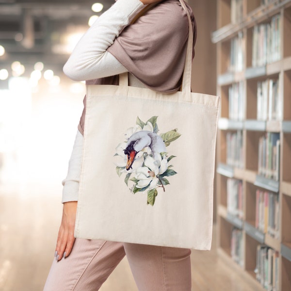 Beutel Vogel Jutebeutel weißer Schwan und Blumen Stoffbeutel Blumen Motiv Tasche mit langen Henkeln für Mama / Oma, Geschenk für Mama