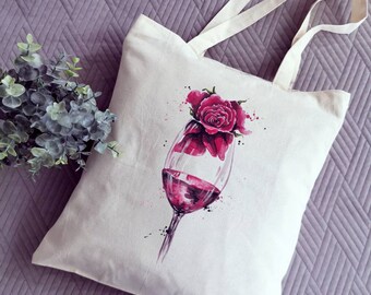 Einkaufstasche mit Rosen und Wein, rote Rose, Geschenk zum Valentinstag, Wiederverwendbare Tasche, beutel in rotefarben, Geschenk für sie