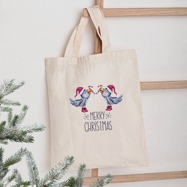 Jutebeutel Vogel, bedruckte Jutetasche, Tasche " Merry Christmas" Stoffbeutel Geschenk für Freundin, Zuckerstange, Einkaufstasche