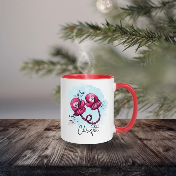 Becher mit weihnachtlichem Motiv, rote Tasse, Weihnachtstasse, personalisierte Kaffeetasse mit Namen, persönliche kleines Weihnachtsgeschenk