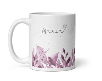 Becher Blumenmotive und Namen, Tasse Blätter und Blumen , Tasse personalisiert Herz Geschenk für Mama/ Oma