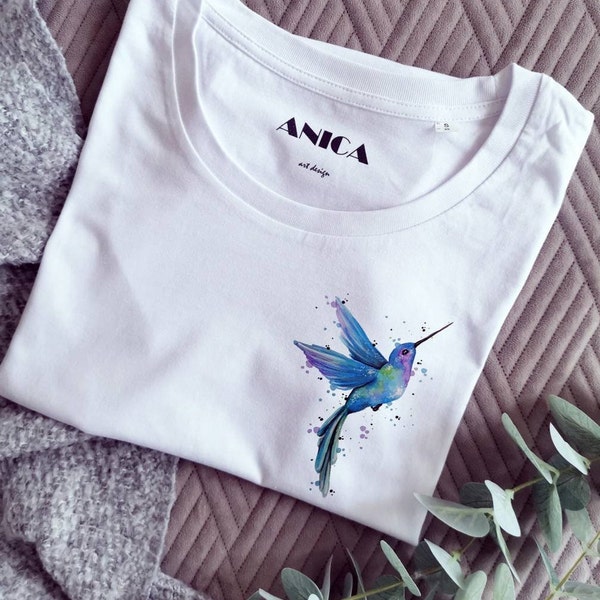 Shirt Biobaumwolle, Kolibri damen tshirt, Kolibris, tropischer Vogel, kleines Aquarellbild, Sommermode, verziertes weißes TShirt