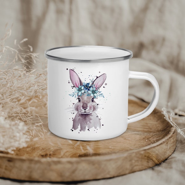 Emaille Becher Camping Tasse Motiv Hase Häschen mit Blumen & Wunschname Name Kaffeetasse Kinder Geschenk