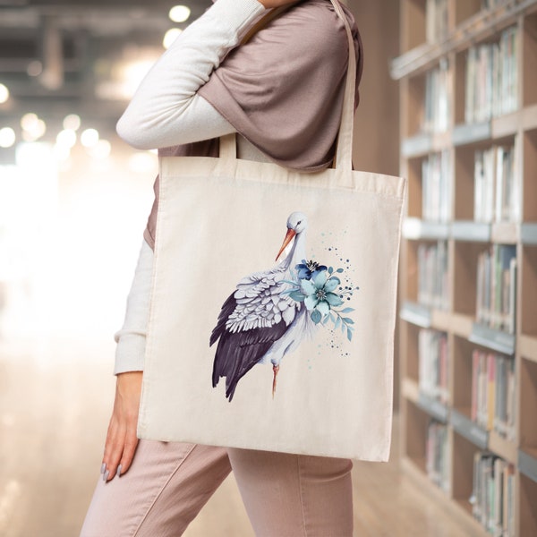 Jutebeutel, Tasche mit Storch, Beutel mit Vogel, Stoffbeutel, bedruckte Jutetasche, Geschenk für Freundin, Einkaufstasche, Geschenk für Mama