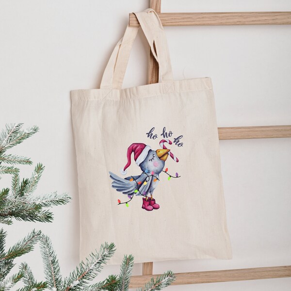 Jutebeutel, Weihnachtstüte, bedruckte Jutetasche, Vogel, Stoffbeutel personalisiert als Geschenk für Freundin, Biobeutel, Einkaufstasche