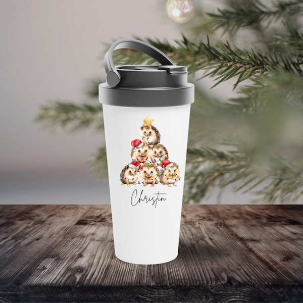 Thermobecher 15 Unzen, Kaffeetasse für unterwegs, Igel, personalisierter, Weihnachtsbaum, Reisebecher, isolierte Tasse, Weihnachtsgeschenk