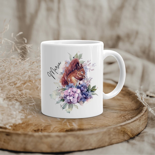 Tasse Eichhörnchen und Blumen Personalisierbar Becher Tier Kaffeetasse Waldtier und Blumen Tasse  Wunschtext Becher kleines Geschenk