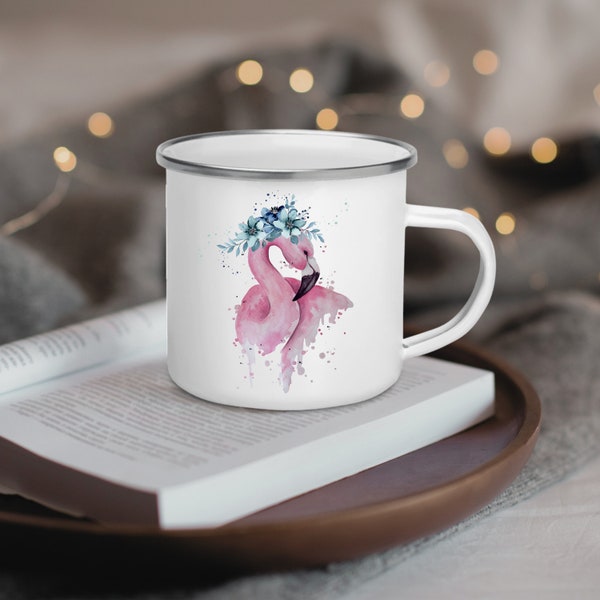 Metallbecher mit Flamingo, Emaille Becher mit Namen, Tasse mit Namen, Becher mit Blumen, Kaffeebecher, Geschenk für Mama