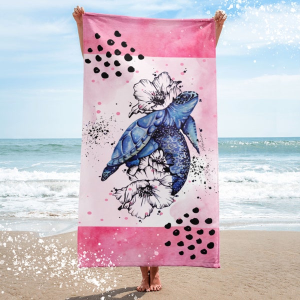 Badetuch mit Name | Motiv Schildkröte Blumen | Pink Handtuch | personalisiert Reisegutschein Saunatuch Strandtuch XXL| Geschenkidee