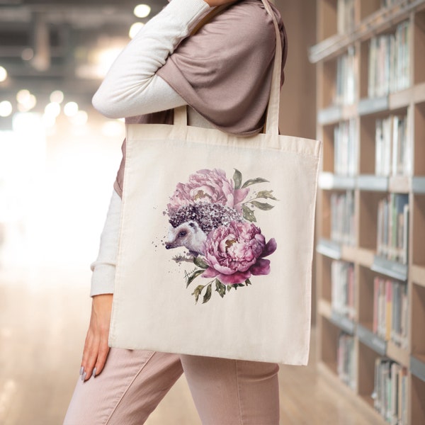 Jutebeutel Stoffbeutel Igel und Rosa Blumen Beutel Tier Blumen Motiv Tasche mit langen Henkeln für Mama / Oma, Geschenk für Mama