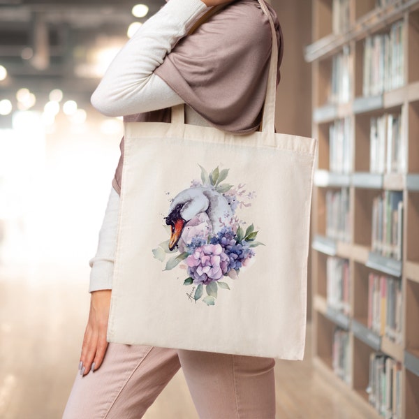 Stoffbeutel weißer Schwan und Blumen Beutel Vogel Jutebeutel Blumen Motiv Tasche mit langen Henkeln für Mama / Oma, Geschenk für Mama