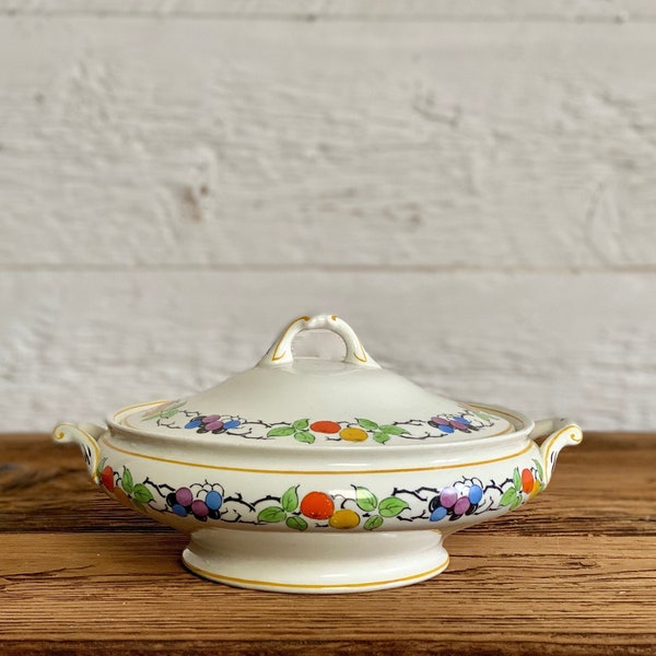 Antique lidded serving dish with colorful hand-painted floral designs, Whieldon Ware, F. Winkle & Co. Ltd, Hawkstone, England