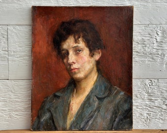 Antique original oil painting of a woman, from France, early 1900s