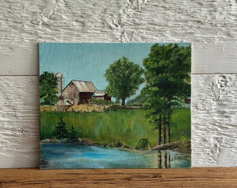 peinture vintage à l'huile sur toile, paysage rural avec ferme, signée N. Hurtubise, du Québec, Canada