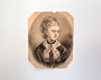 Antique Original Charcoal Portrait - Victorian Woman in Black Dress: Quebec, Canada, signed M.L.C. 1876