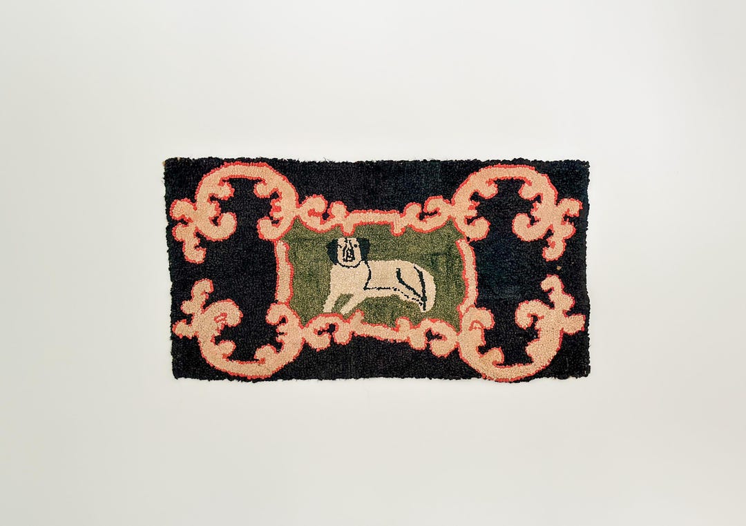 Antique Hooked Rug With a Dog in the Center of a Ornate Scrolling ...