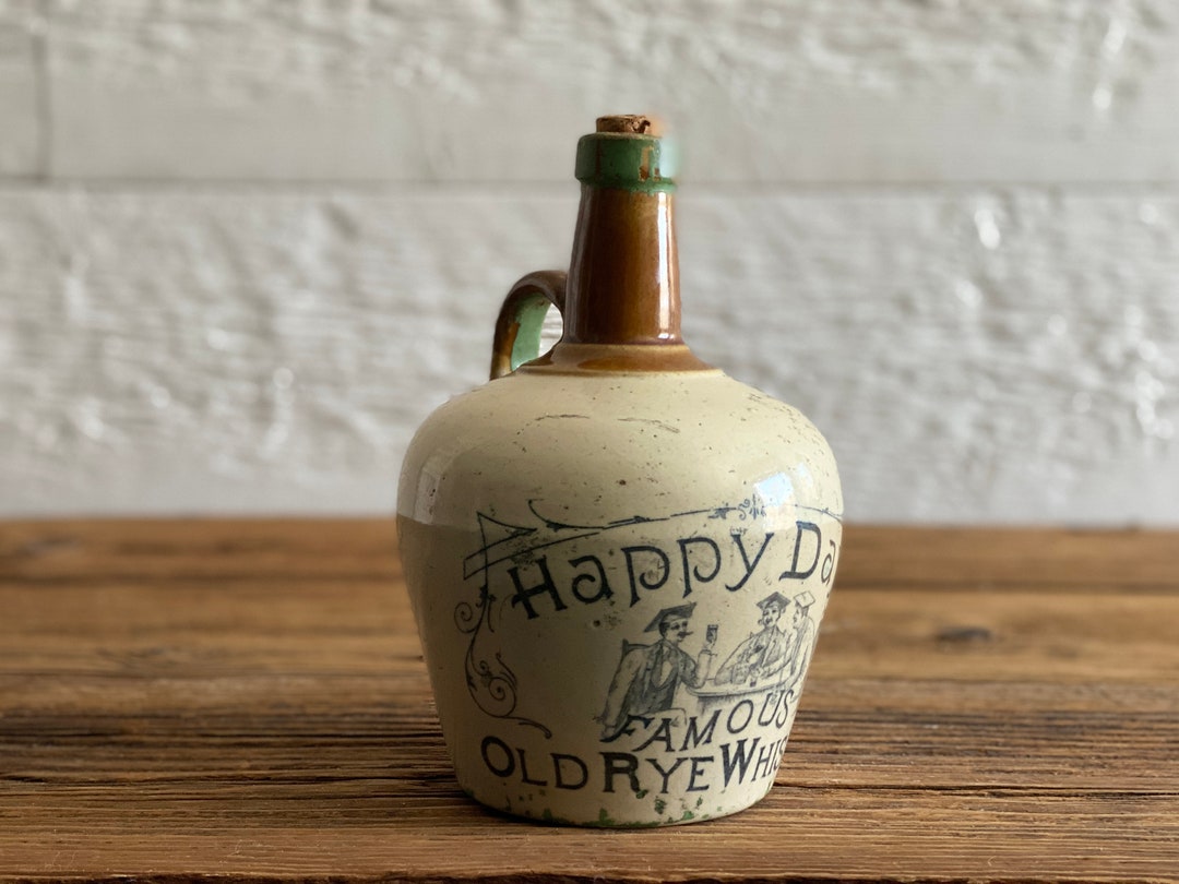 Antique Two Tone Advertising Jug, Happy Days, Famous Old Rye Whiskey