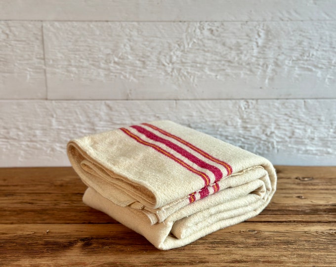 Antique Handwoven Wool Blanket or Throw, Beige With Red and Yellow Stripes, From Quebec, Circa