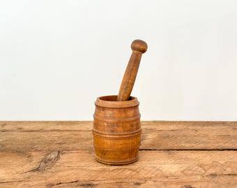 Antique hand-turned wood mortar and hand-carved pestle, from Quebec, Canada, early 1900s
