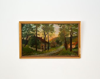 Vintage origineel landschapsschilderij - scène pastoraal dorp en schapen: door C. H. Simpson, circa jaren 1940