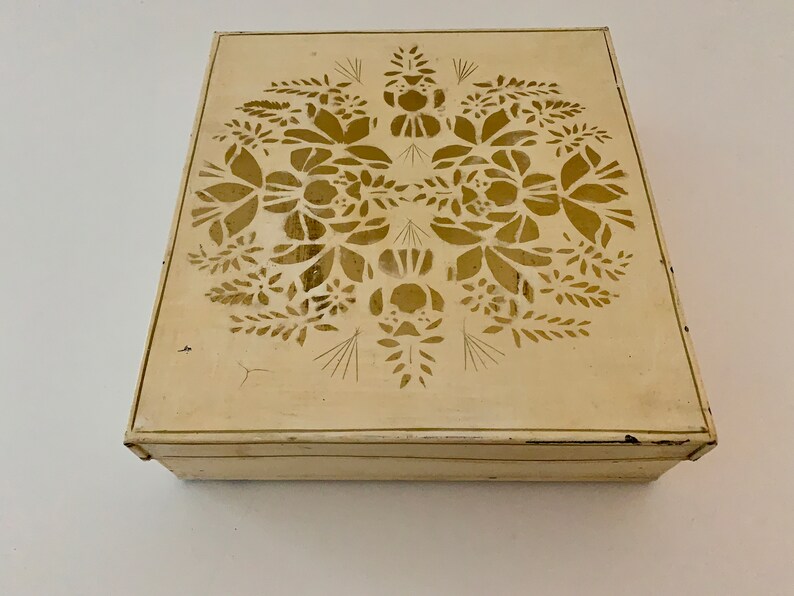 1959 Vintage Tin box yellow and gold hand-painted and signed