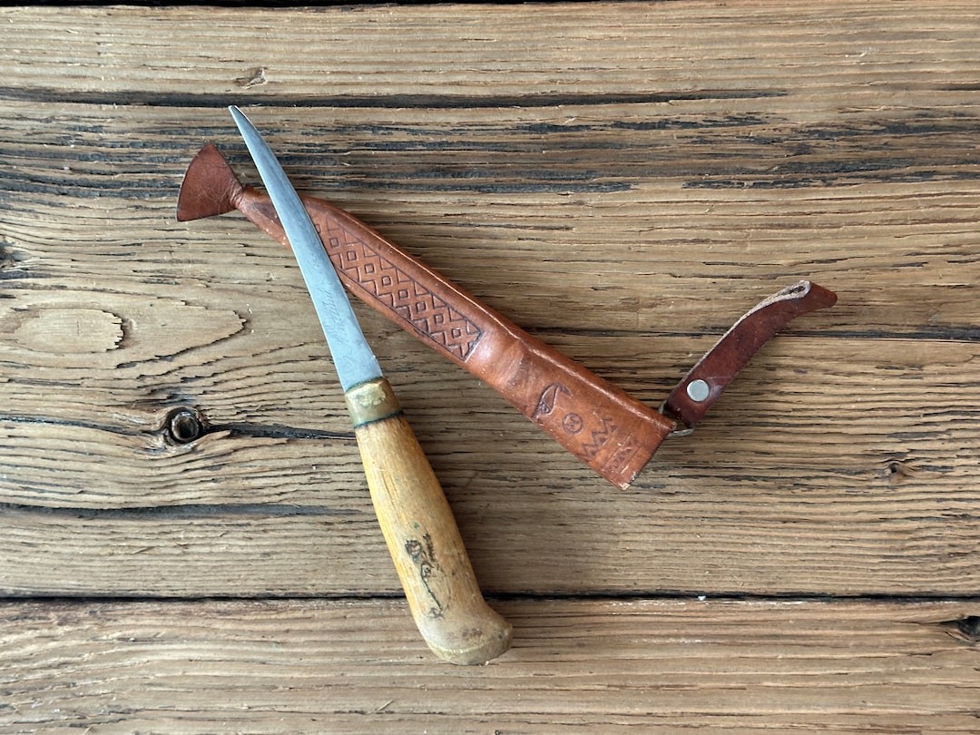 Vintage J Marttiini Finland Fillet Knife With Leather Sheath, Signed