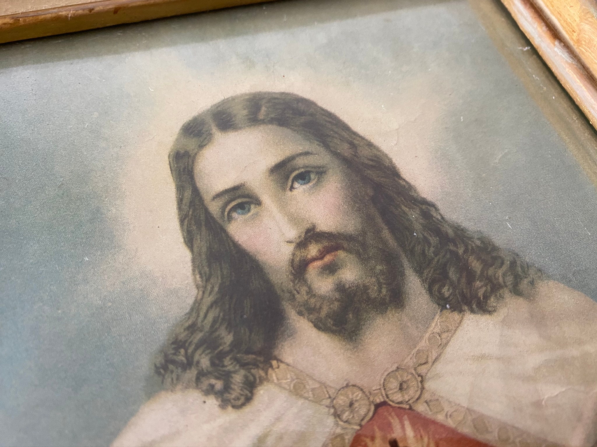 Vintage/antique lithograph print of Jesus in a carved wooden Etsy