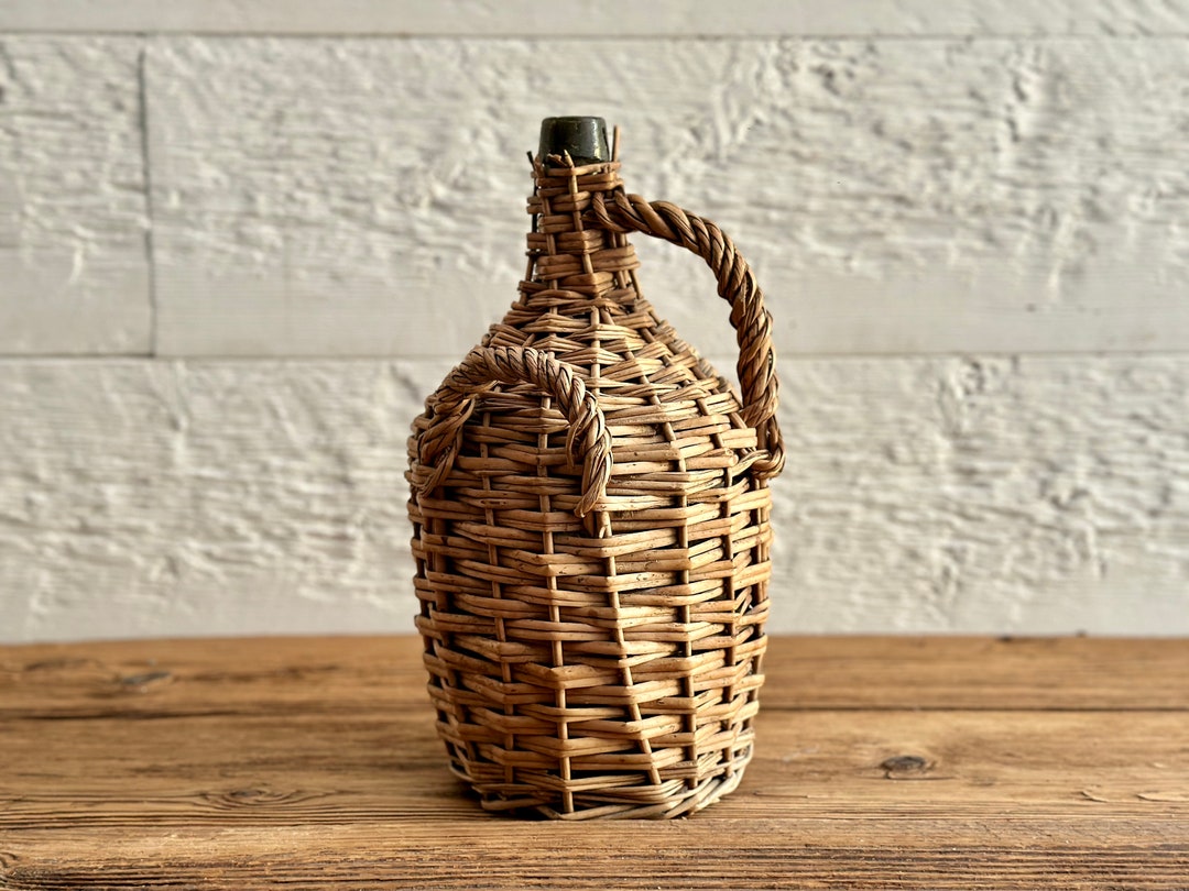Antique French Handwoven Wicker Wine Jug or Bottle, With Handles, Green