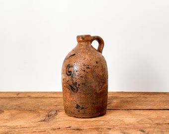 Antiker Steingut-Tonkrug - Kobalt-Blumenmuster: Québec, Kanada, spätes 1800er Jahre