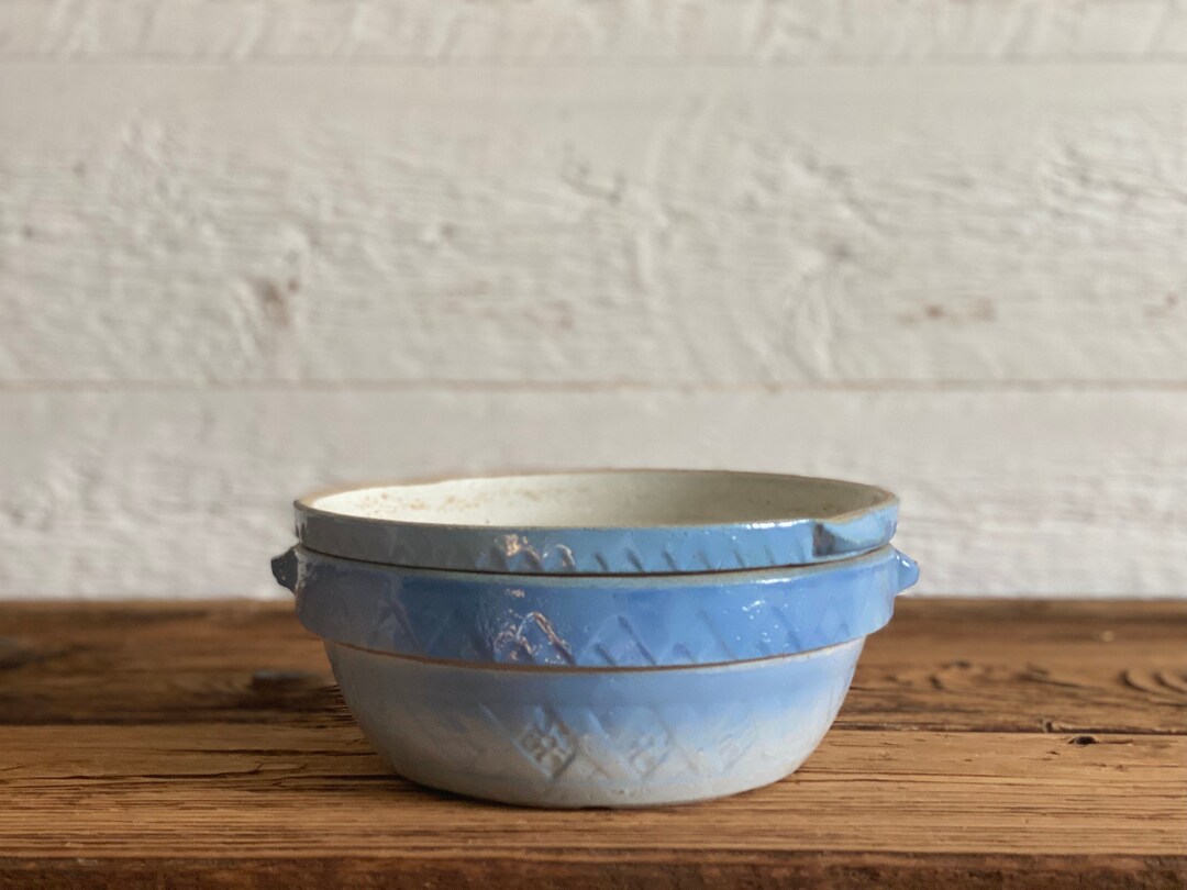 Rare Antique Blue Mixing Bowl and Pie Plate, Stoneware Bowl and Lid, With Embossed Flowers Etsy