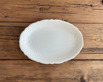 Antique white ironstone platter with embossed floral designs, Wood & Sons Ltd. oval serving dish, English dinnerware, circa early 1900s
