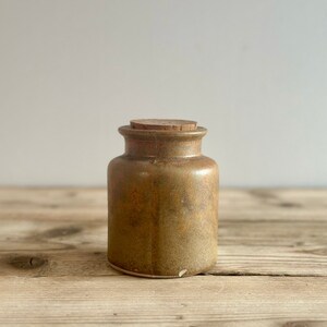 Vintage French stoneware mustard jar with cork lid, hand-made brown ceramic pantry jar