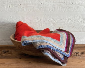 Antique/Vintage primitive red wool blanket by Woolen Mills LTD in Huntingdon, Quebec, with a hand-crocheted border