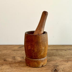 Antique large hand-turned wooden mortar and pestle, from Quebec, Canada, circa 1870s