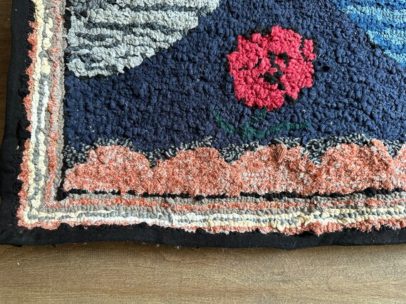 Antique Primitive Hooked Rug, Blue With Pink Floral Designs, Circa 1940s or  50s, From Quebec, Canada 